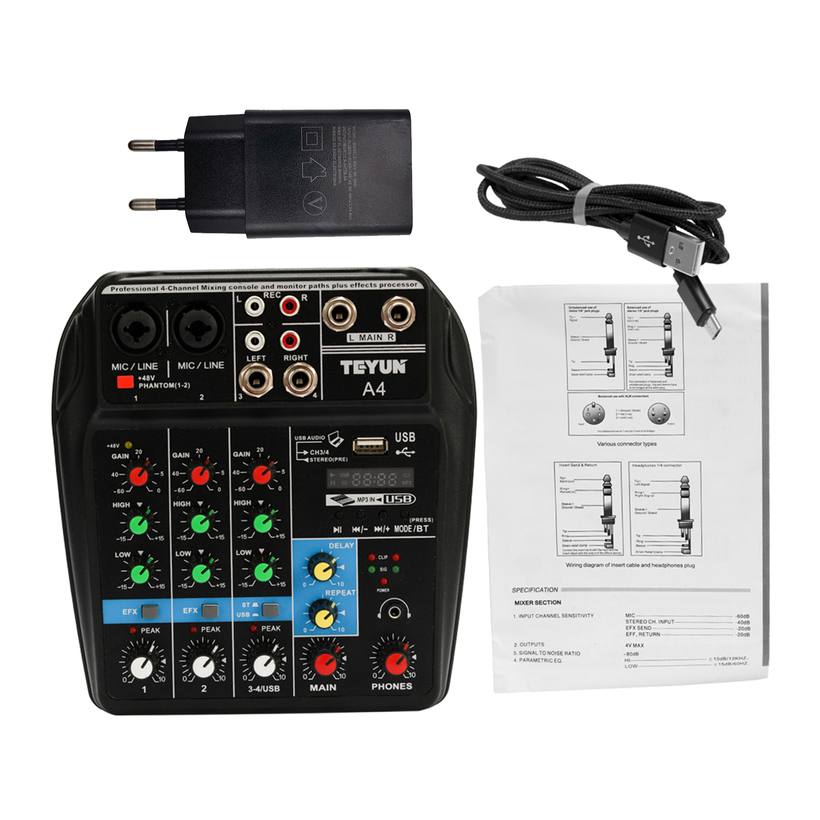 1pc Portable 4 Channel Digital DJ Sound Mixing Console System MP3 Jack 48V Amplifier AUX Paths for Studio Streaming