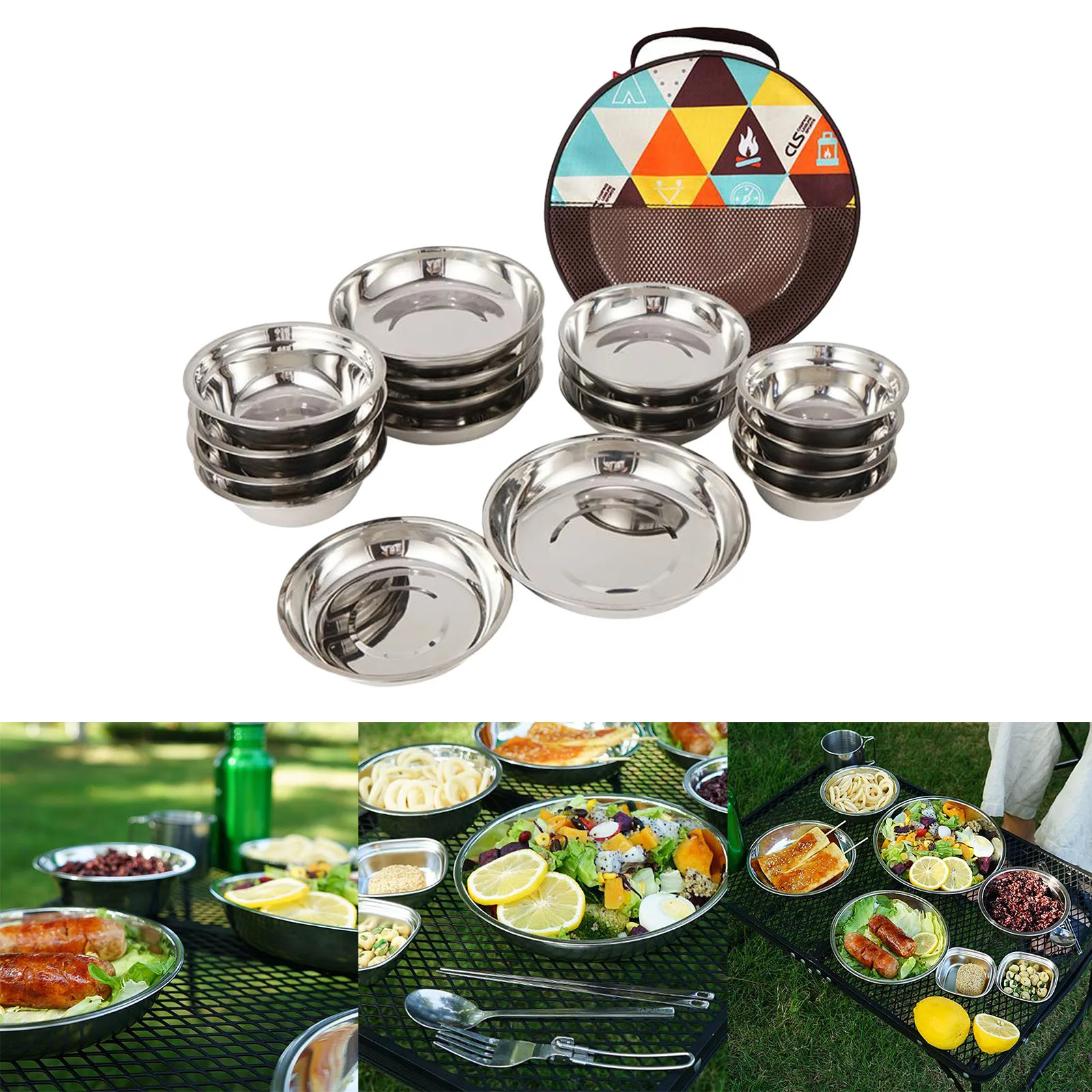 1 Set of 17Pcs Camping Mess Kit Outdoor Tableware Stainless Steel Plate Bowl with Storage Bag for Hiking Travel Picnic