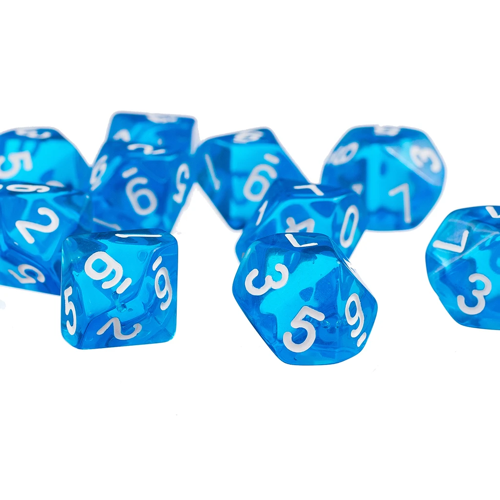 10 Sided Plastic Polyhedral Dice Set Blue Bulk Numeral Dices Table Board Game Accessories for  , Pack of 10