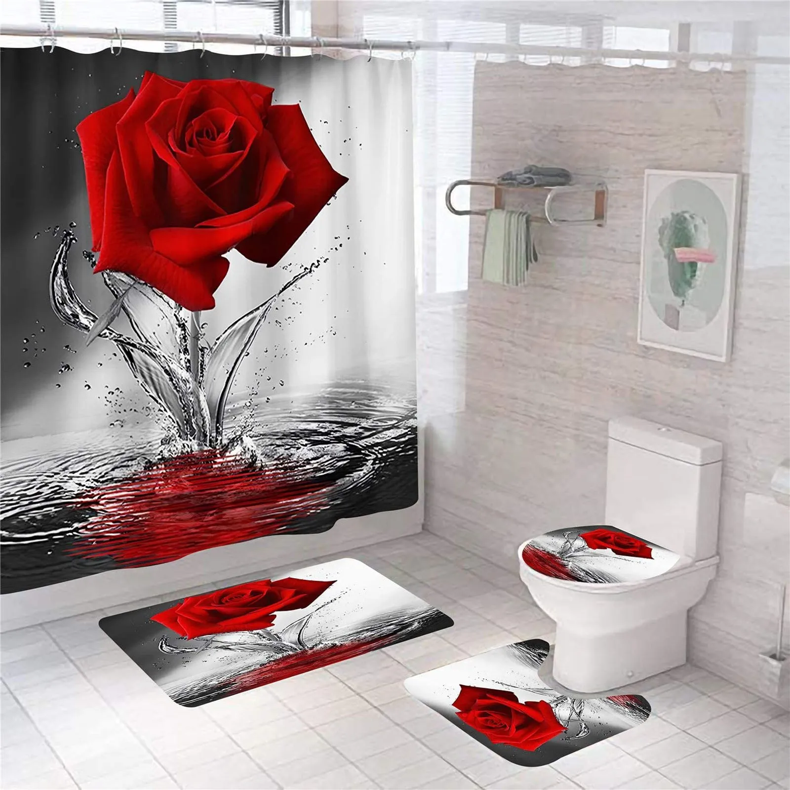 Bathroom Mat Set Shower Curtain Liner Red Rose Waterproof Fabric Valentine's Day 