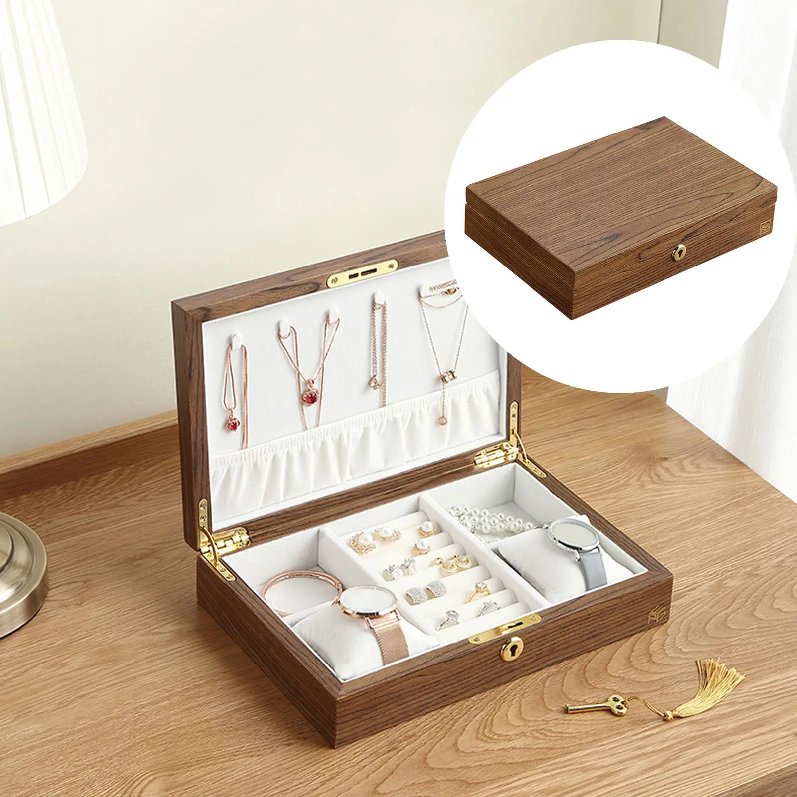 Jewellery Organiser Keepsake Lockable Ring Vintage Handcraft Rectangle Portable Chest Wooden Jewelry Box Storage Case for Women