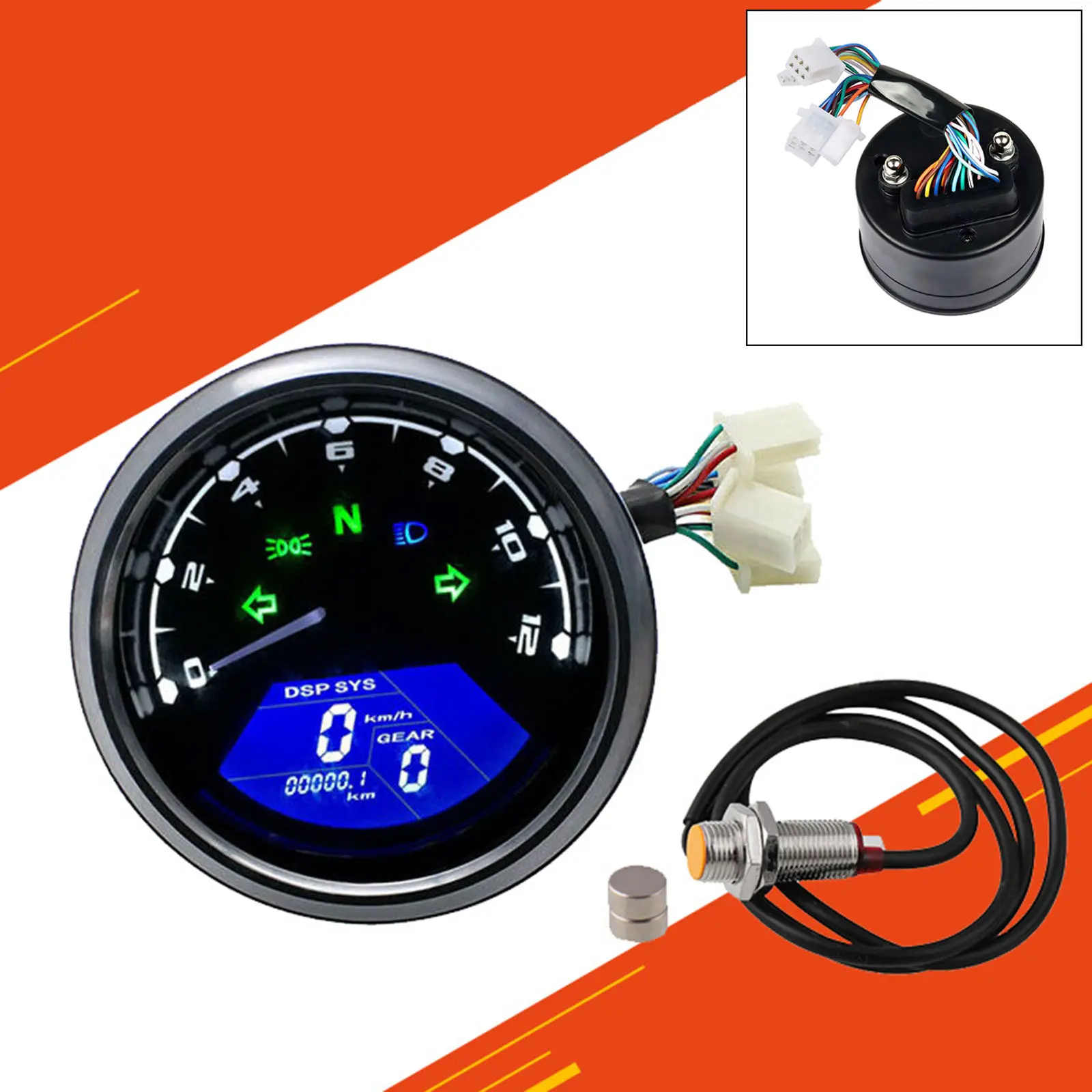 Universal Motorcycle Speedometer Odometer Digital 6-Gear 12000 RPM 199 MPH