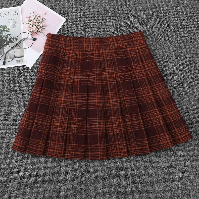 Fall/Winter Women Pleated Skirts High Waist A-Line Female Plaid Skirt Woolen Warm Woman Skirts Harajuku Kawaii Ladies Mini Skirt ruffle skirt