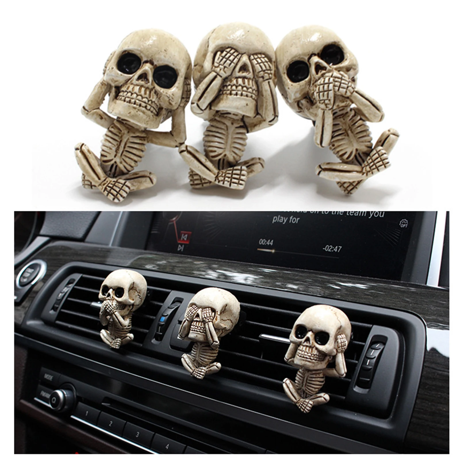 3 Piece Skull Statue Car Air Vent Clip Mount Skeleton Figurine Air Freshener