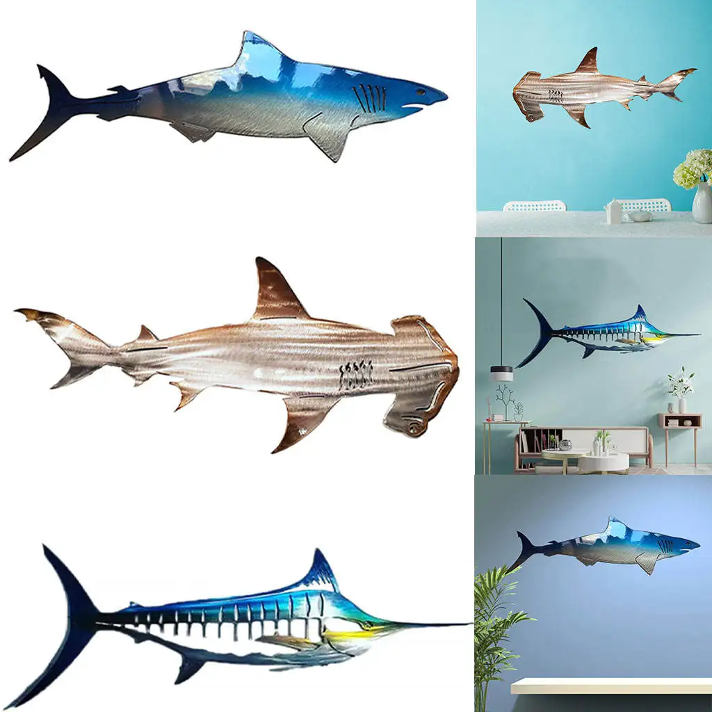 3Pack Large Metal Shark Wall Decor Art Ocean Fish ing Wall Sculptures