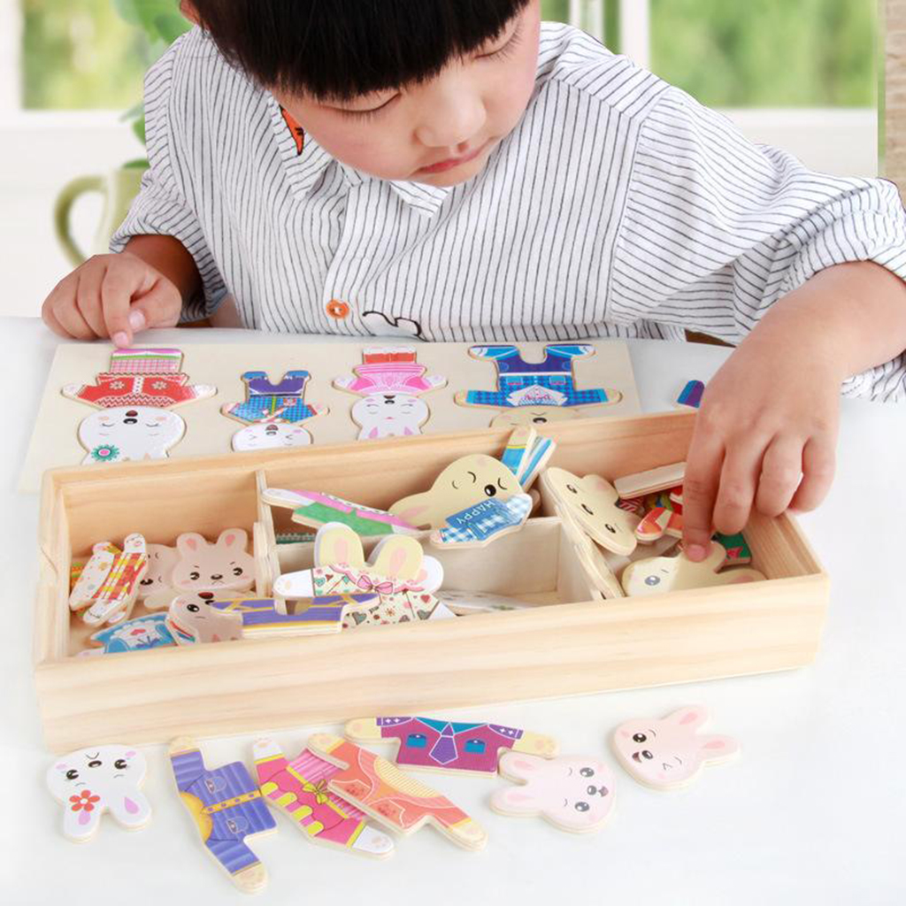 Wooden Puzzle Toy Changing Clothes Dress Up Bears/ Rabbits Sorting Matching Toys