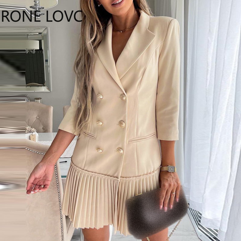 Feminino sólido elegante botão plissado mini caqui trabalho blazer vestidos