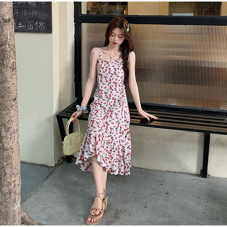 Sling Floral Dress 2021 Summer French Retro V Neck Print Fishtail ...