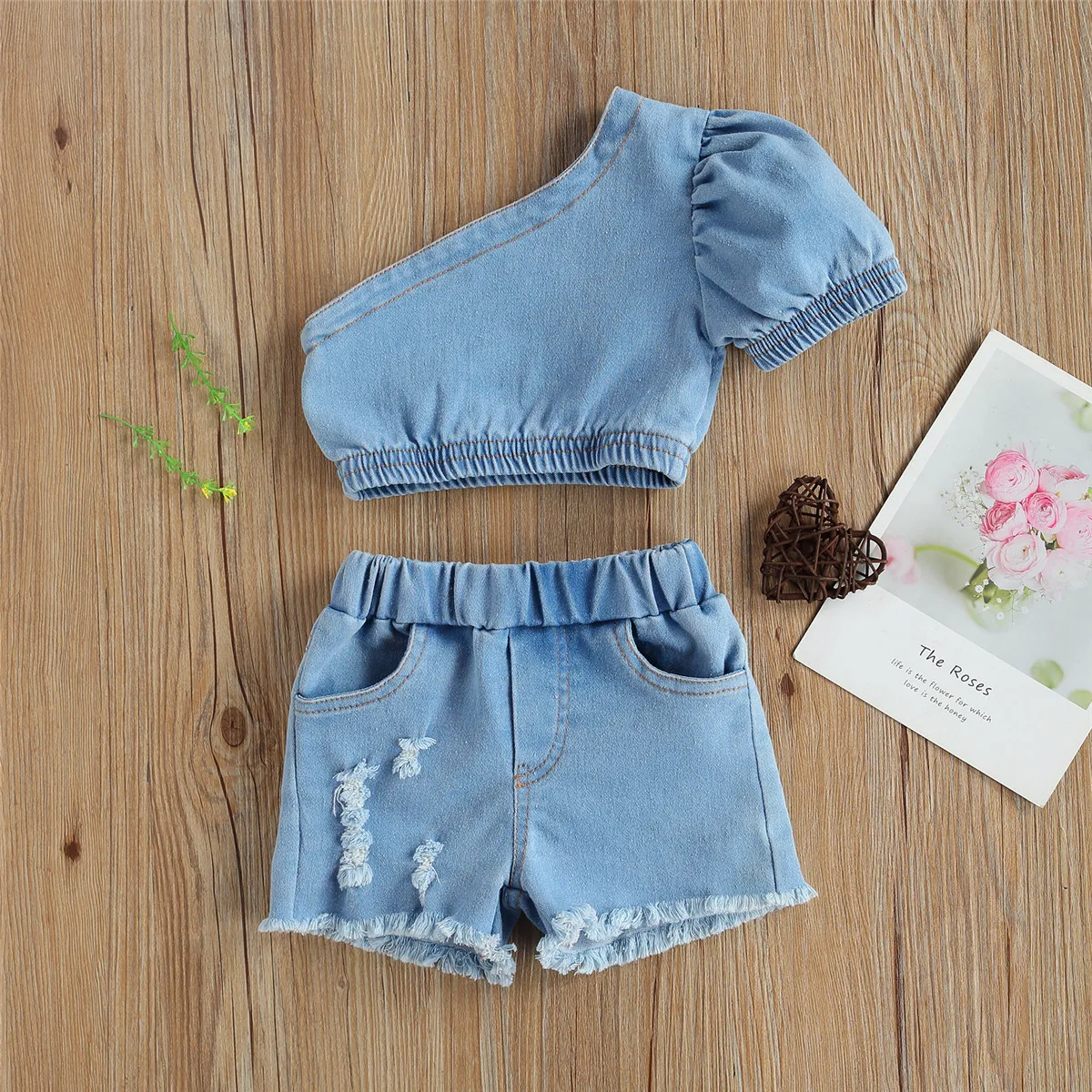 New Kids Girls Summer Top Shorts 3-Piece Suit Leopard Short Sleeve Pleated Vest Blue Jeans Side Pockets baby knitted clothing set
