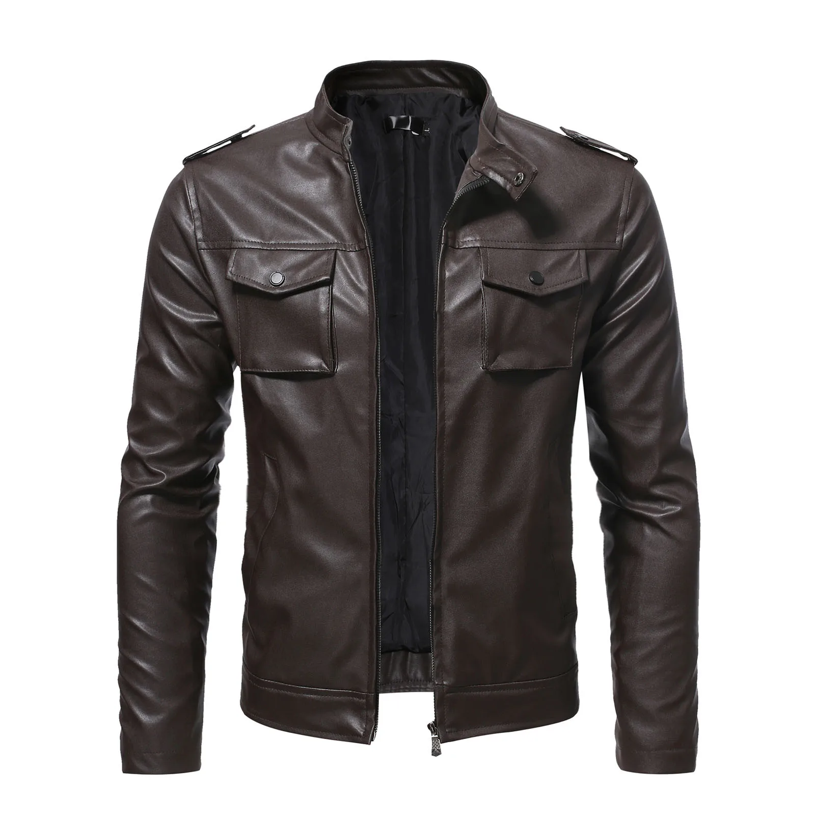 winter soldier jacket Men's Slim Leather Jacket Stand Collar Zipper Pocket Short Jacket Coat Male Slim-fit Stand-collar Cropped Leather Jacket genuine leather motorcycle jackets