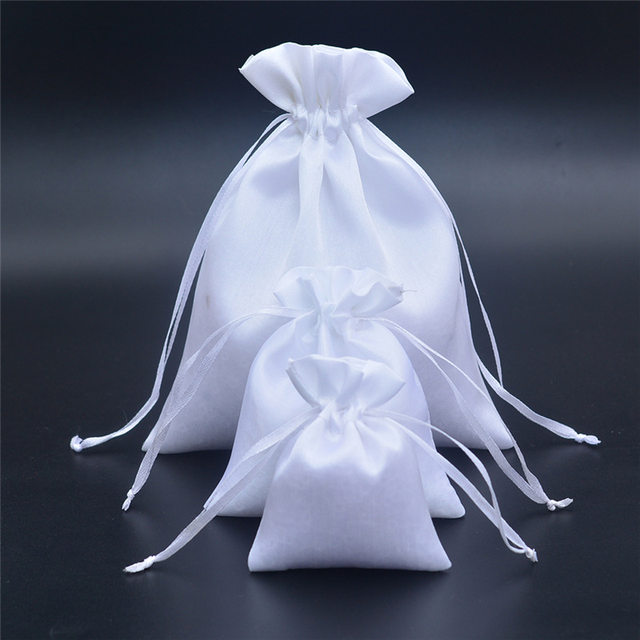 Elegant White Gift Bag White Satin Ribbon and White Cords 10-1/2 X 7-1/2 X  3-1/2 Inch for Gift Gifting, Birthday, Wedding 