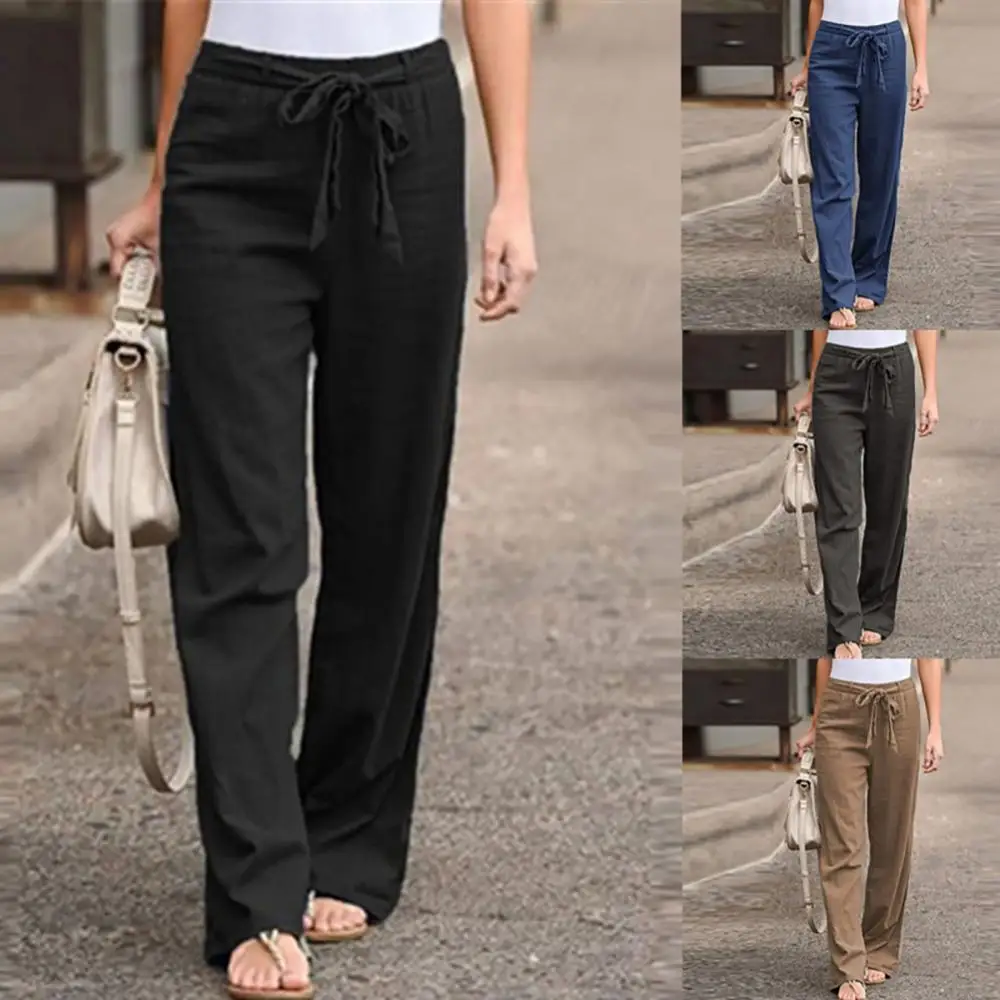 Women Casual Solid Color High Waist Belt Wide Leg Long Straight Pants Trousers white pants