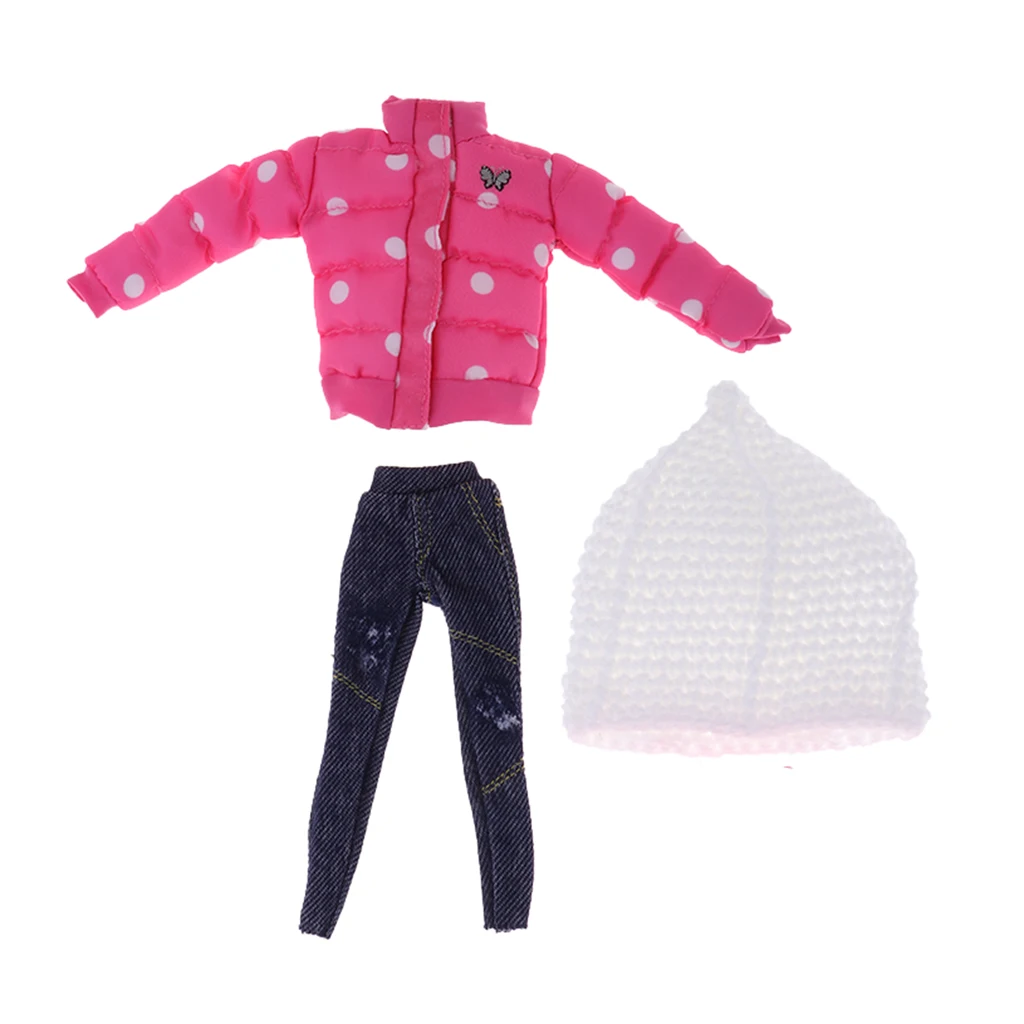 1/6 Lovely Pink Winter Jacket & Jeans With Hat Set For Blythe Doll Dress Up