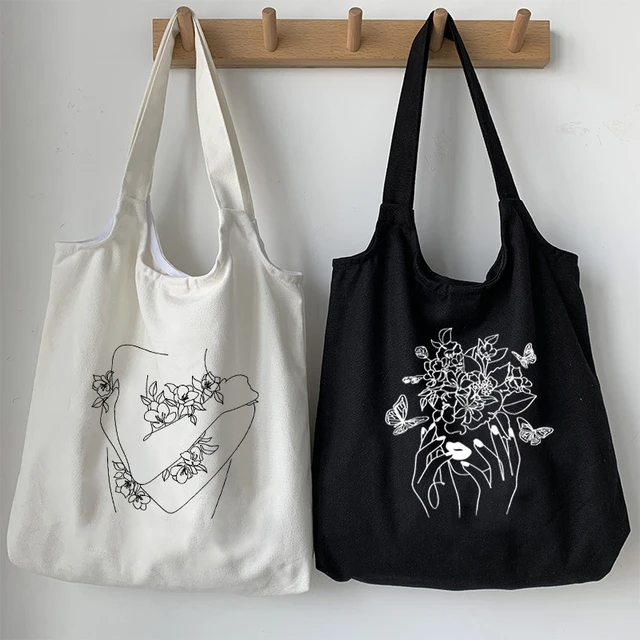 Butterfly Canvas Tote Bag with Zipper Pockets Carnation Flower