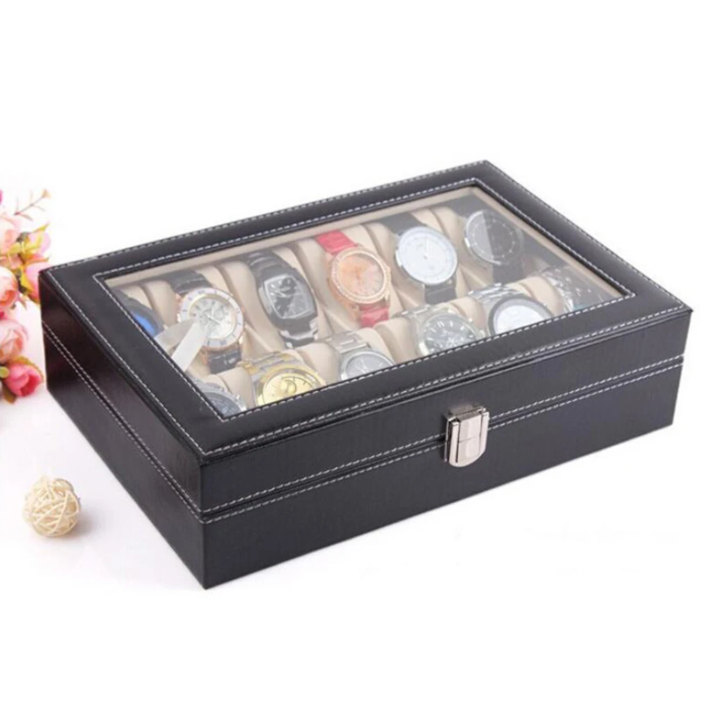 Leather 10 Slot Watch Box Glass Top Watch Jewelry Display Case Organizer