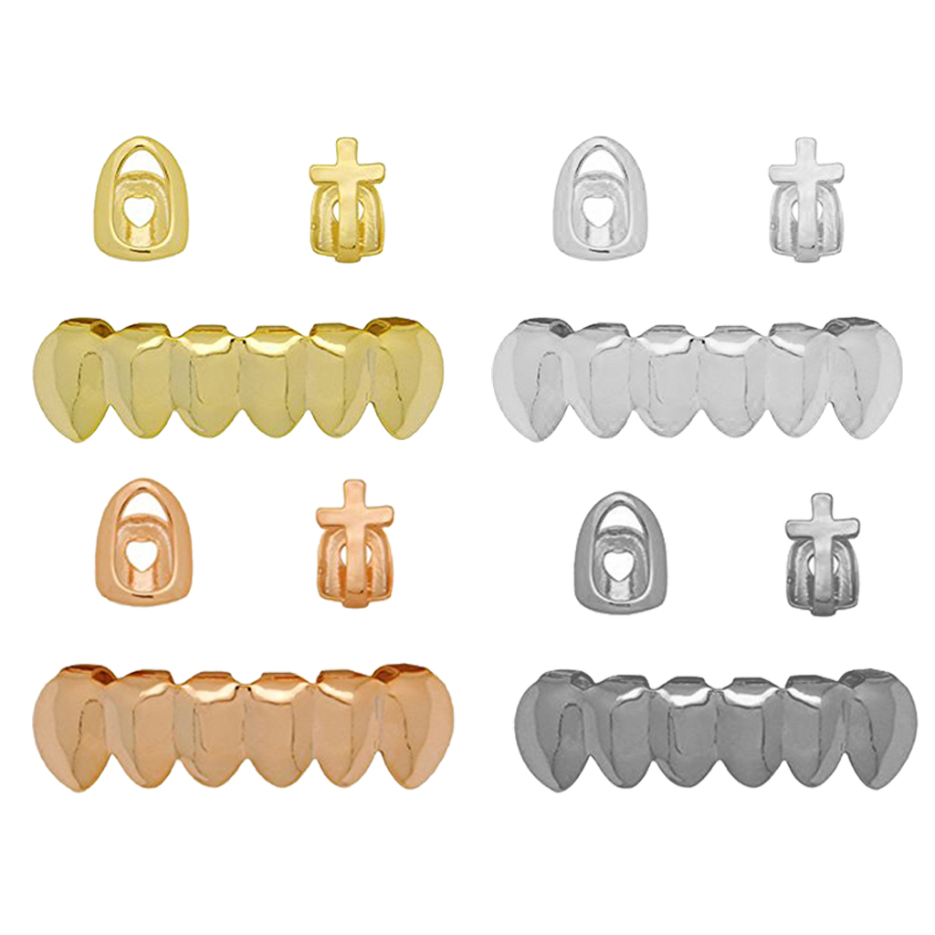 Bottom 6 Teeth Mouth Caps Punk Rock Grills 2 Top Single Fang Cross
