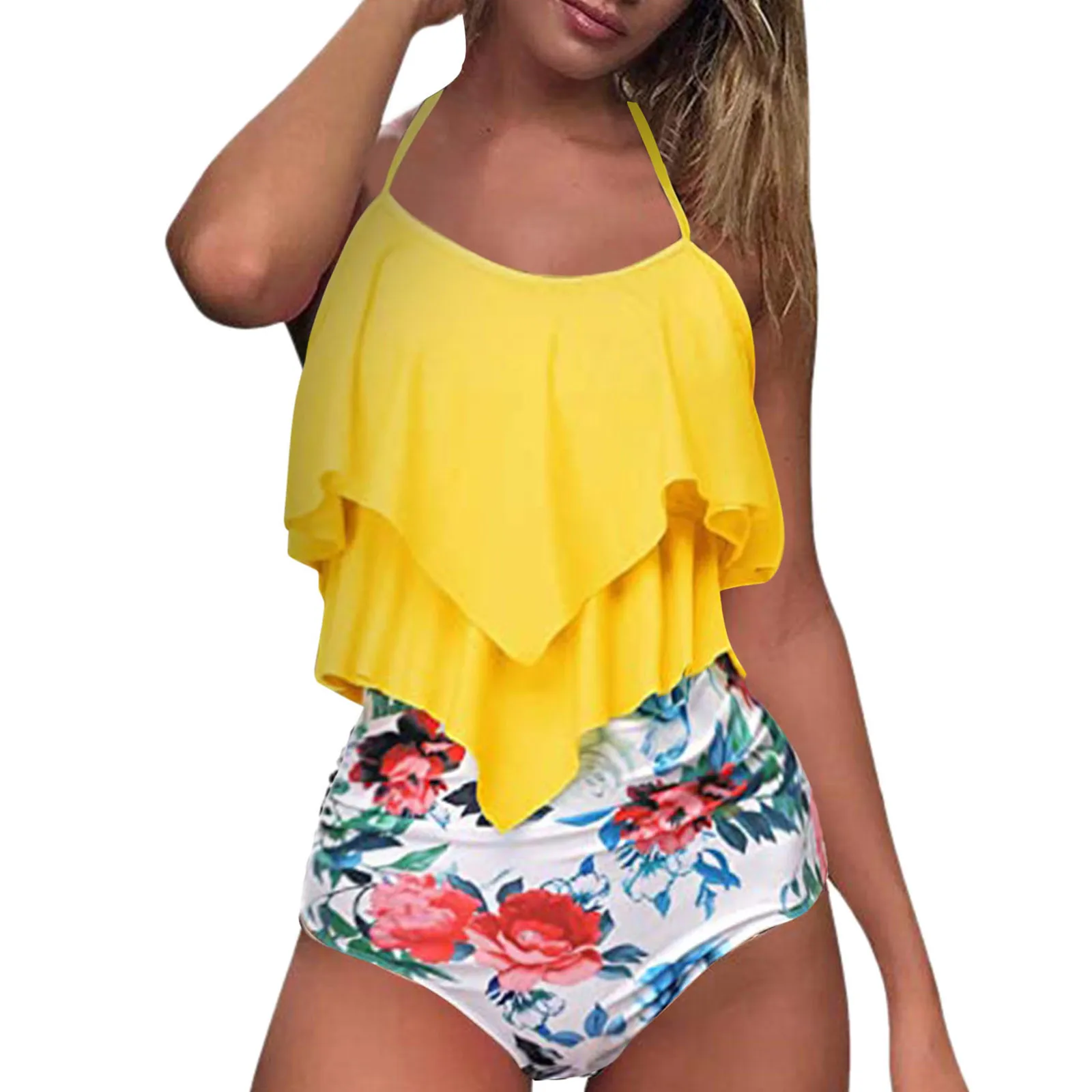 Women Plus Size Two Piece Tankini Swimsuits 3-Tiered Ruffle Flounce Top with High Waisted Bottom 