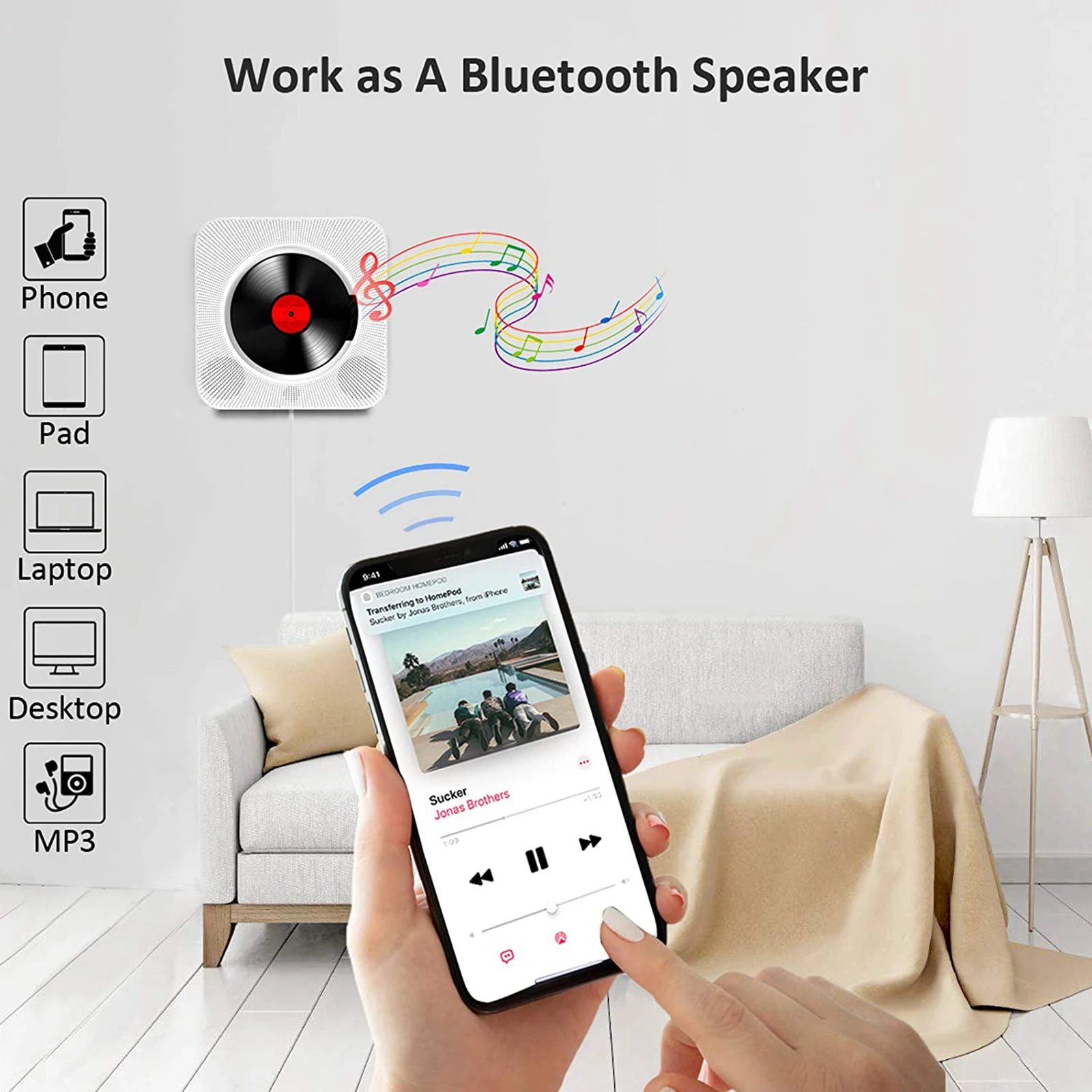 White Bluetooth CD Player Wall Mountable Remote Control w/Headphone Jack AU