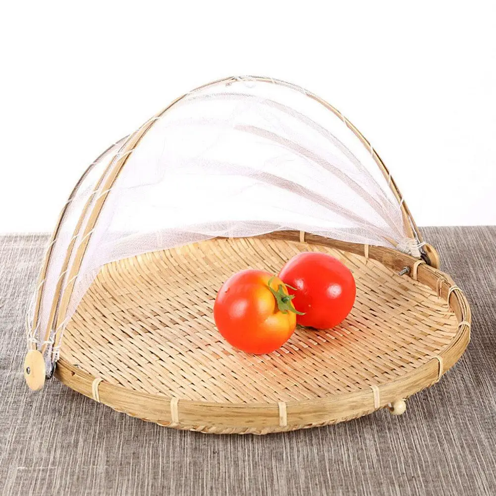 Bamboo Tent Basket Hand Woven Tray Anti Bug Food Fruit Container Net Cover 