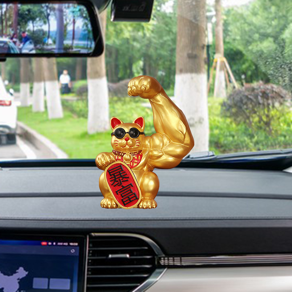 Giant Lucky Cat Statue Resin Muscle Arm Figurines Waving Arm Fortune Cat Powered Home Office Car Decorative Figurine Ornament