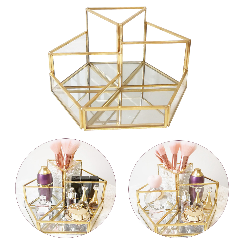 Transparent Makeup Brush Storage Box Organizer Glass Cosmetics Dressing Table Vanity Jewelry Storage Box with 4 Grids