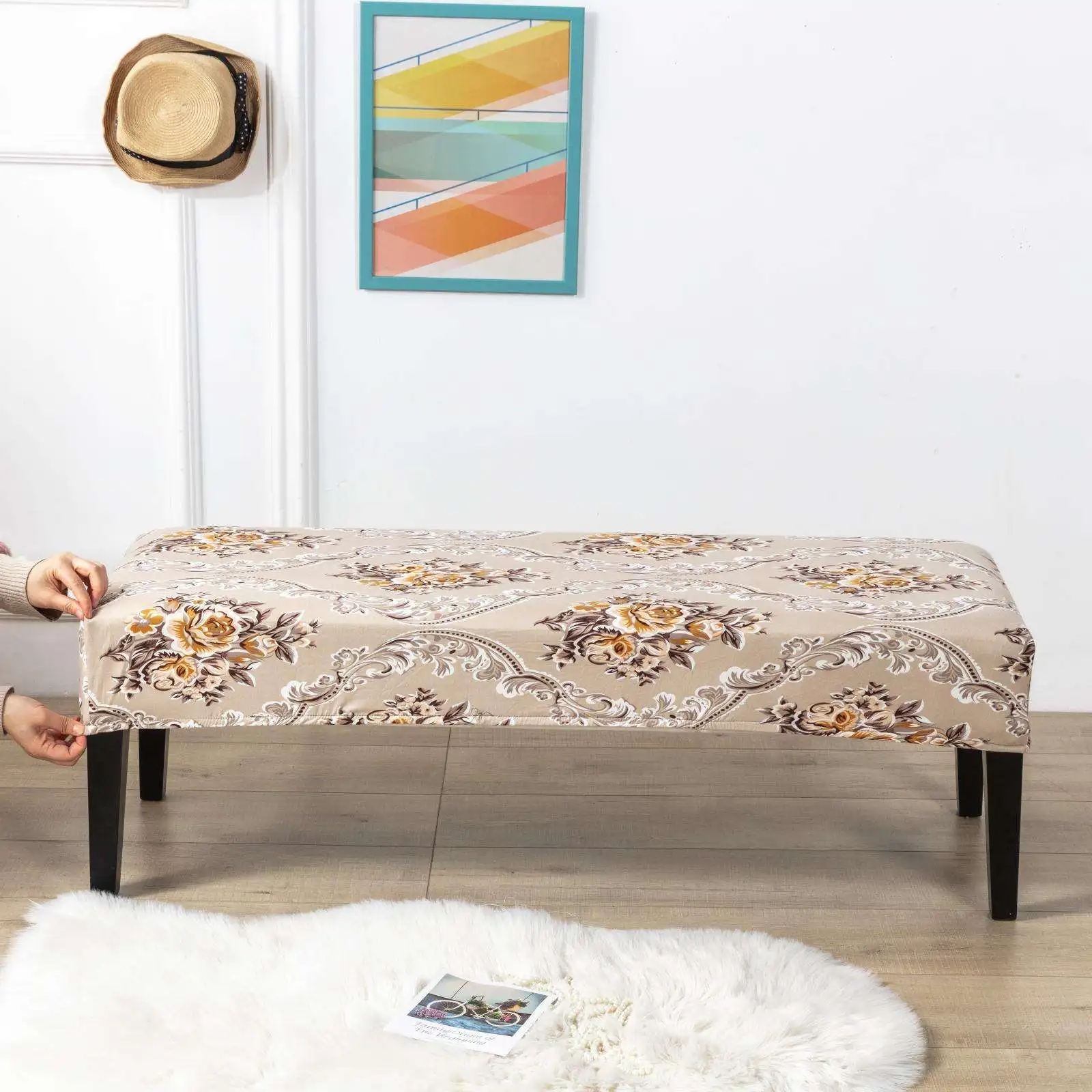 Stretch Jacquard Dining Bench Cover Anti-Dust Removable Bench Slipcover Washable Bench Seat Protector Cover for Living Room