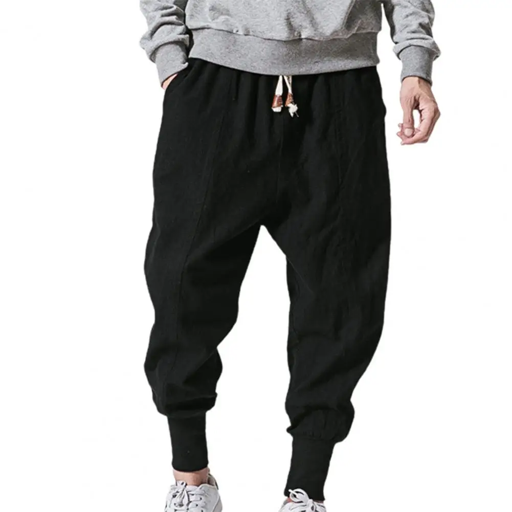 Casual Harem Pants All Match Solid Color Baggy Drawstring Men Drop-crotch Pockets Trousers Comfortable to wear  for Daily Wear blue harem pants