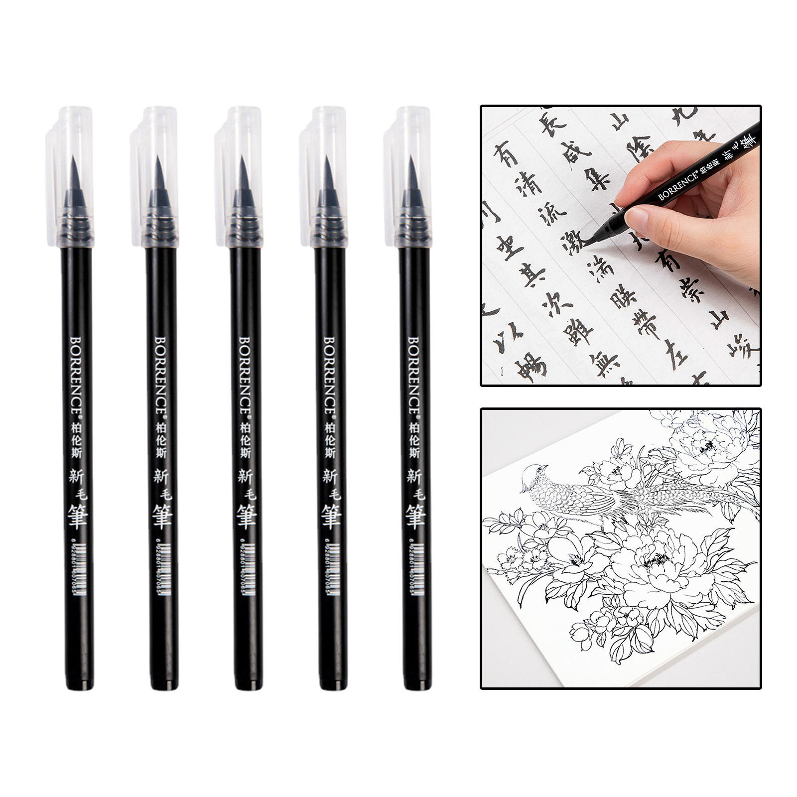 5Pcs Soft Brush Pen Black Waterproof Compact Plastic Shaft Synthetic Art Drawing Writing Lettering for Artist Painting Brush Set