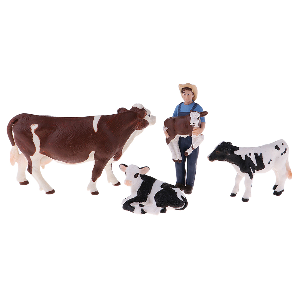 Mini Simulation Farm Animals Toys Set Educational Resource - Farmer & 4 Cows