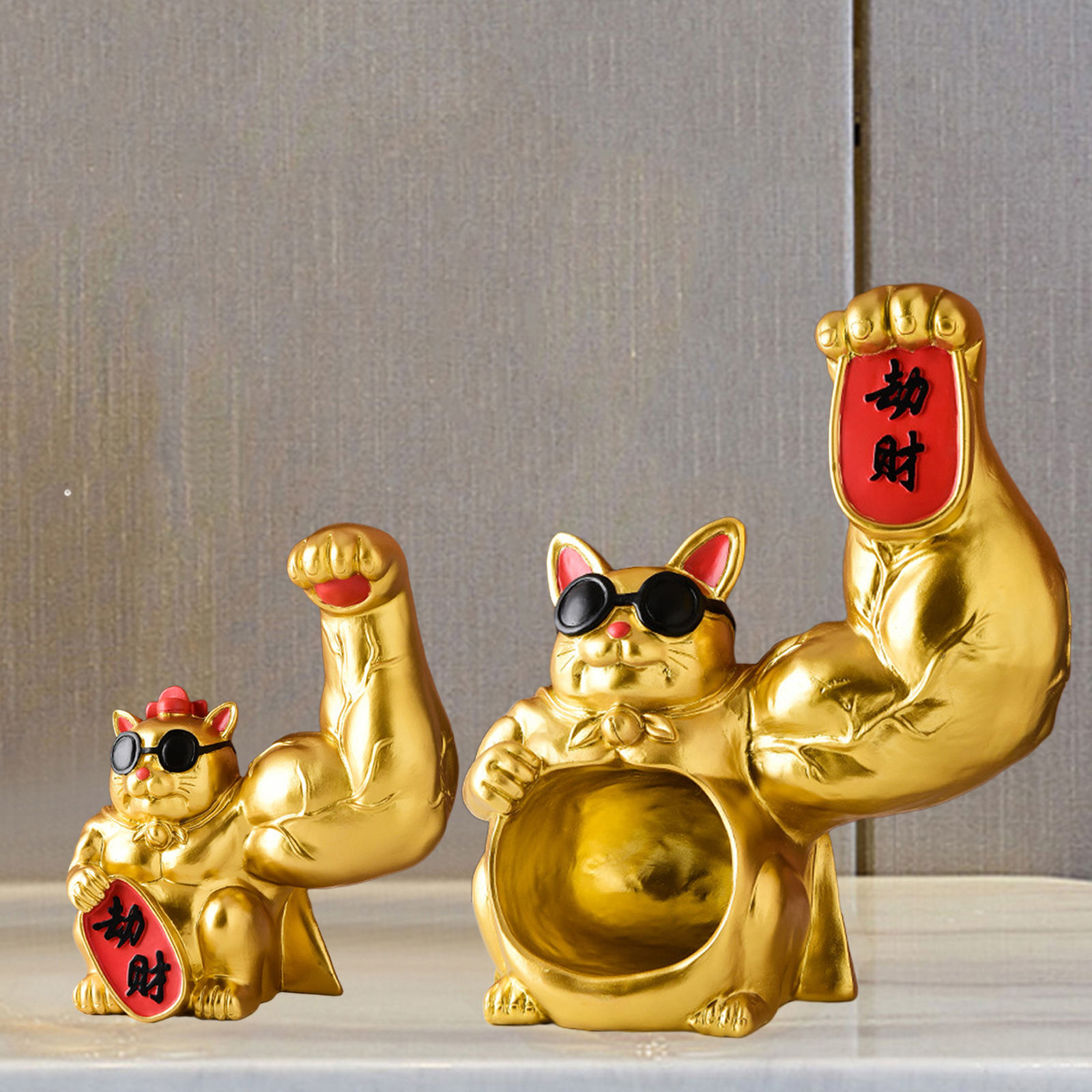Resin Muscle Arm Lucky Cat Statue Figurine Feng Shui Animal Craft Office Room Shop Home Door Interior Decoration Accessories