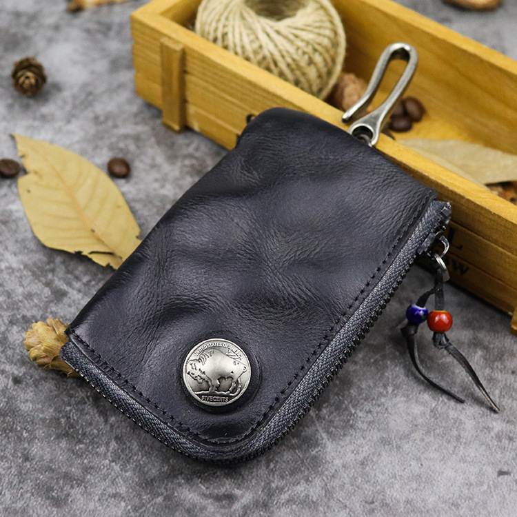 Original Leder Schlüsselmappe für Herren, kurz, Vintage, handgefertigt, Reißverschluss, Autoschlüsselhalter, Münzgeldbörse, Kartenetui, Tasche, Organizer, Haushälterin – Detail 17