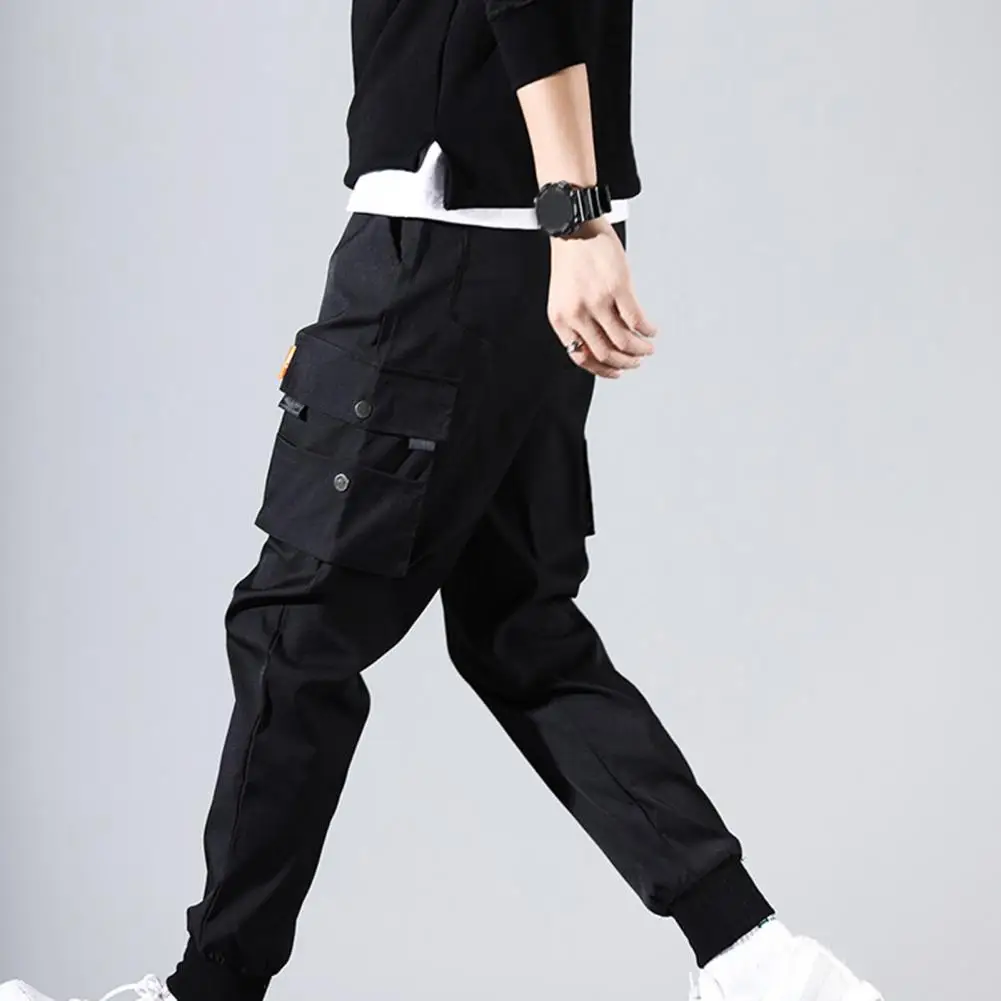 Men's Clothing Solid Color Drawstring Waist Trousers Cropped Multi-pocket Overalls Thin Male Men Beam Feet Cargo Pants for Daily grey track pants