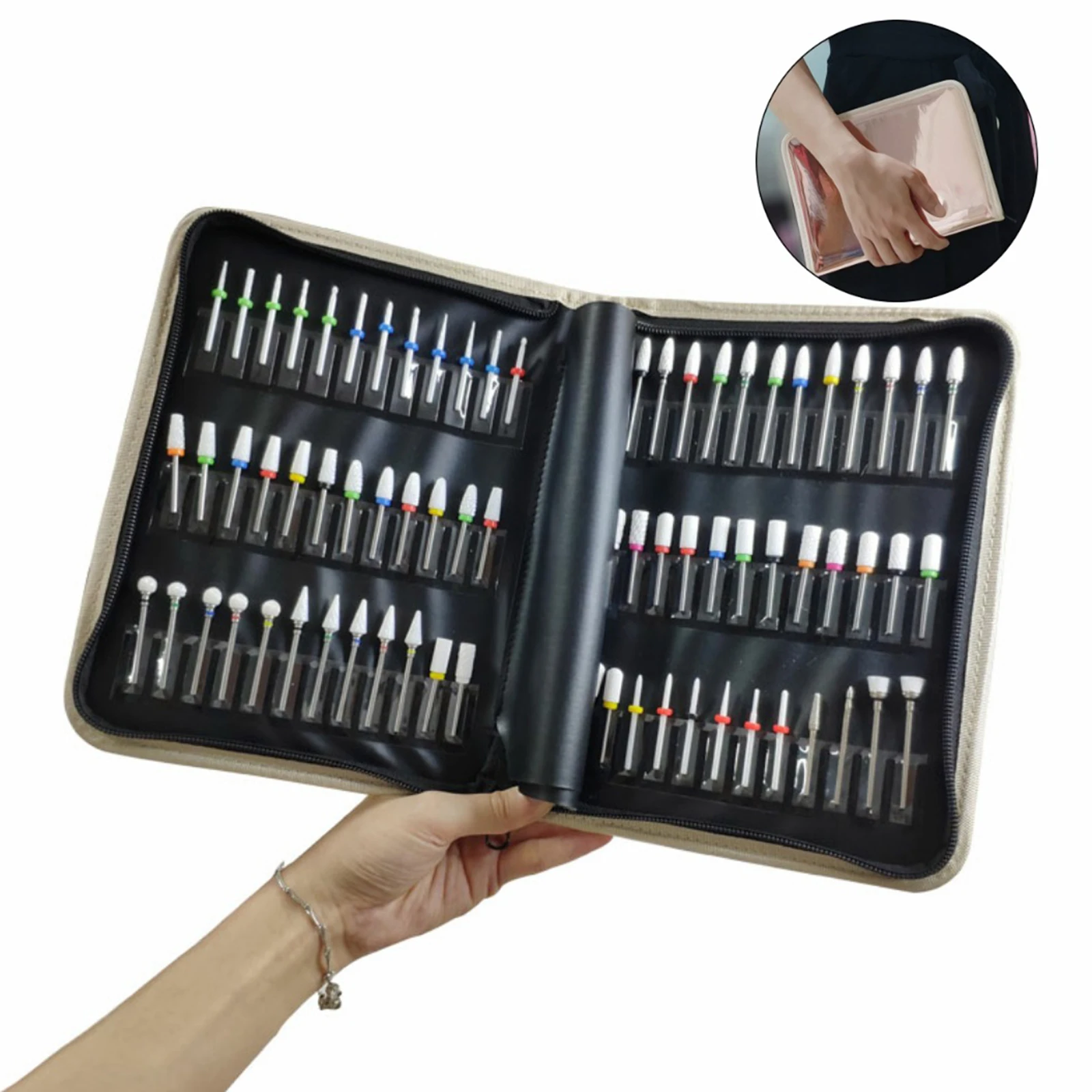 Folding Manicure Nail Art Drill Bits Display Holder Storage Bag Easy Carry
