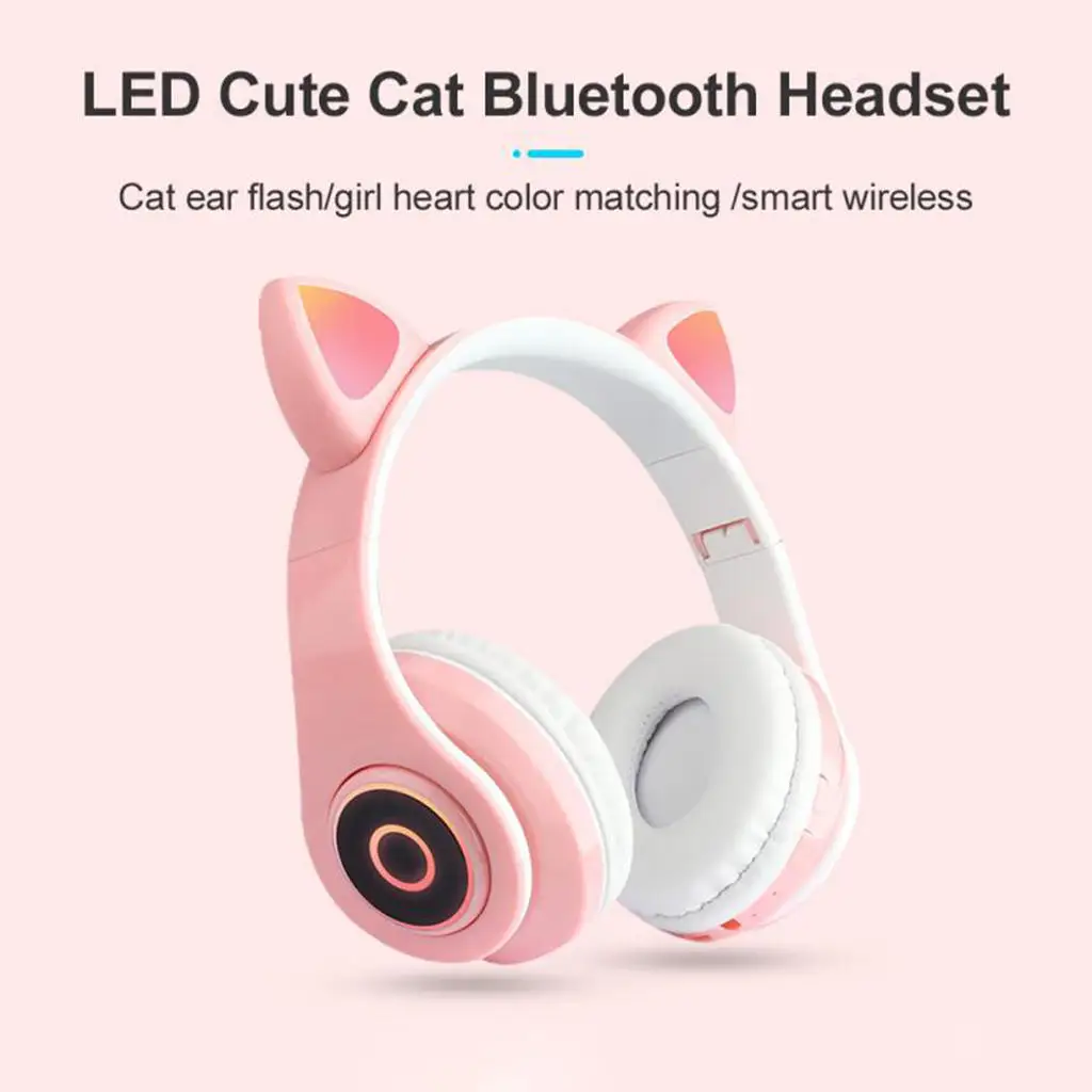 Gaming Headset with Cat Ear Luminous Bluetooth 5.0 Flash Light Retractable Headphone Controller for Music Competition Movie Girl