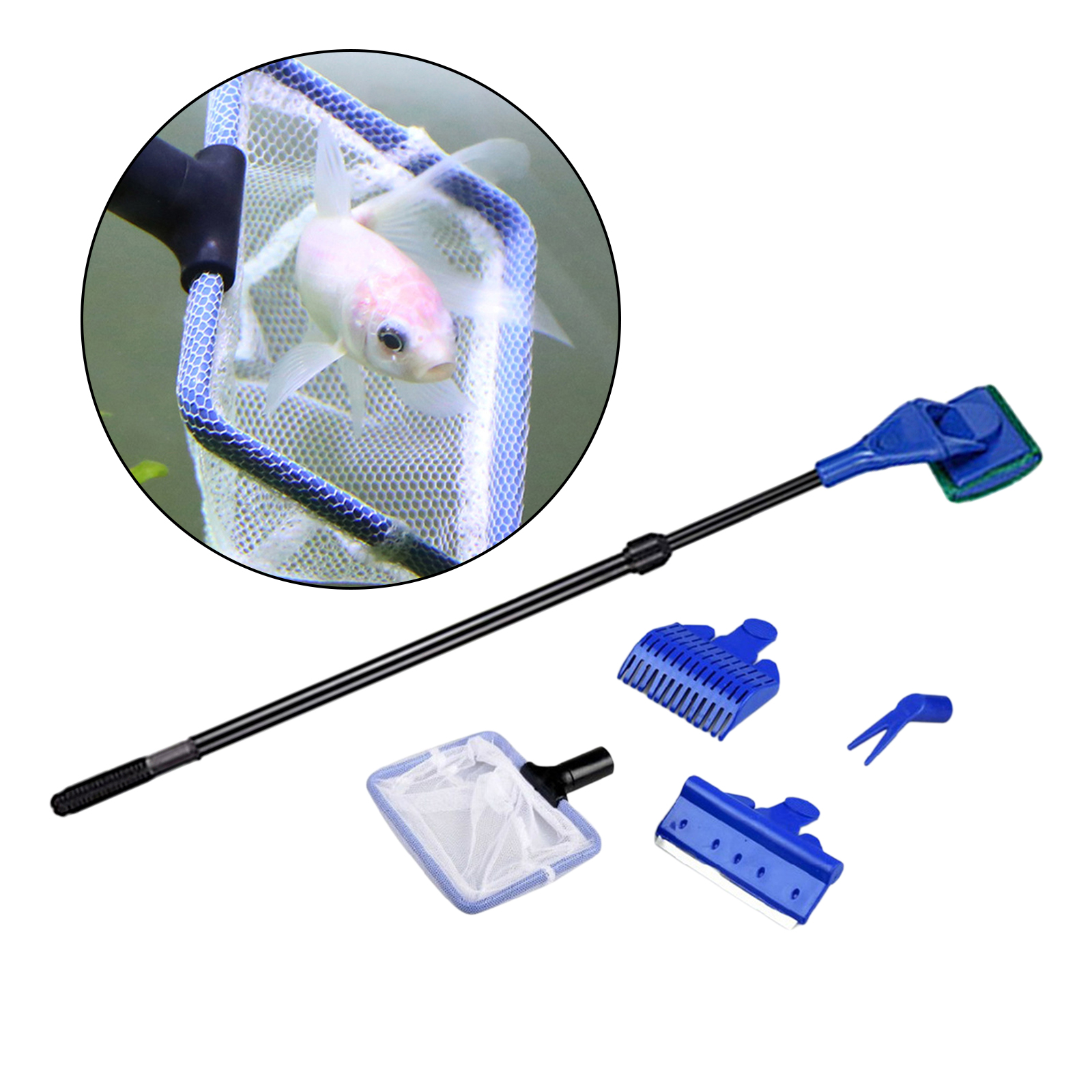 5 in 1 Aquarium Fish Tank Cleaning Kit Multiple Cleaner(Non Slip Handle) Fish Net + Scraper + Rake + Fork + Sponge