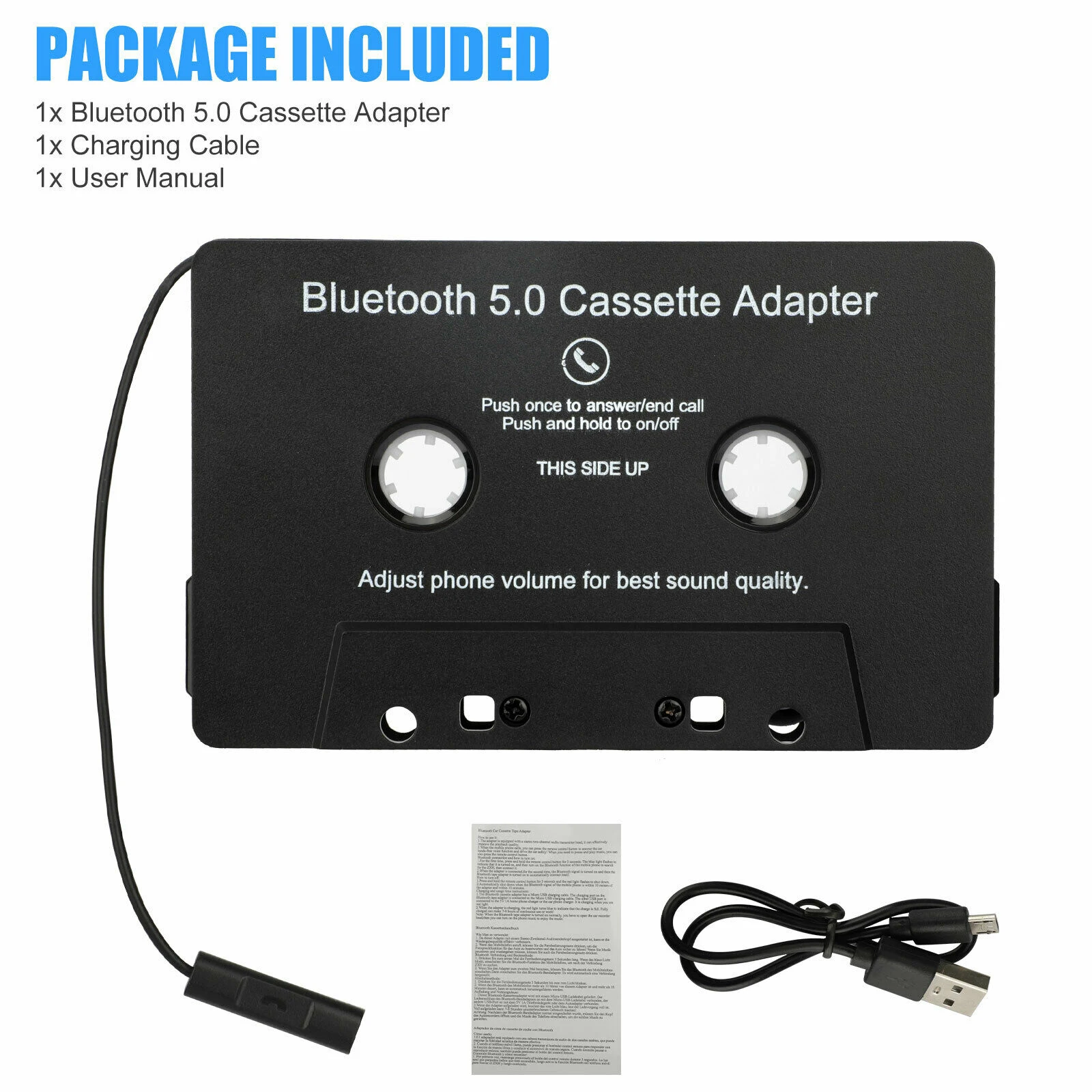 Bluetooth Cassette to Aux Adapter with Stereo Audio Premium with Built-in Battery Wireless Cassette Tape to Aux Adapter