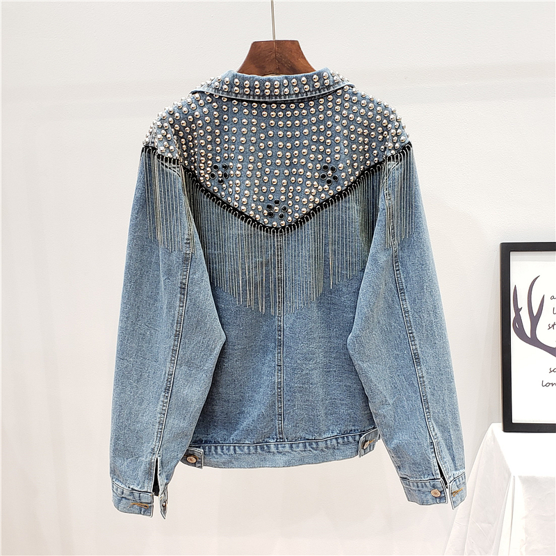 TEELYNN Boho-Jeansjacke für Damen, langärmelig, Herbst, lockere Jeansjacke mit Fransen, Perlen und Nieten, lässige Oberbekleidung – Detail 18