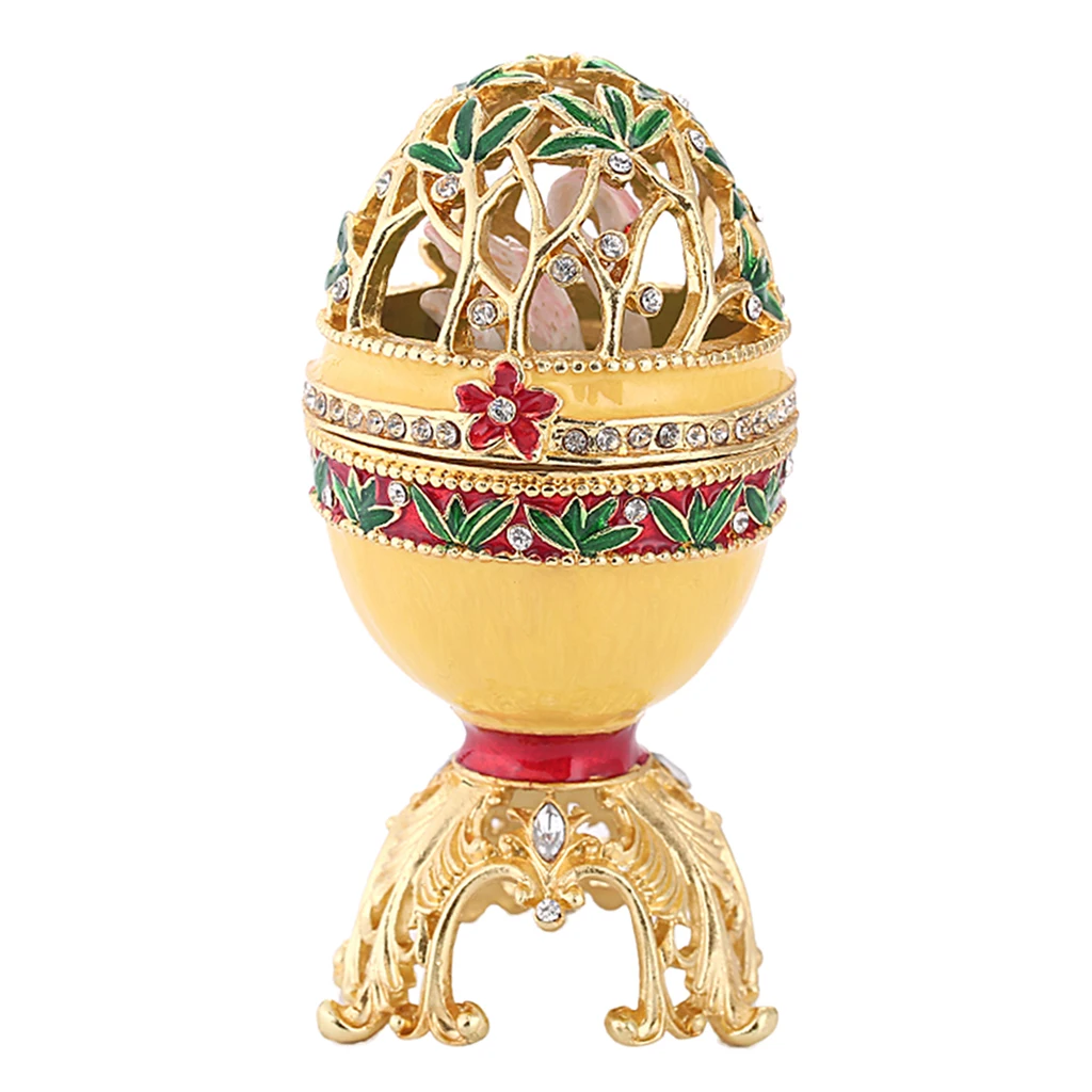 Enamel Easter Egg Crystal Flower Carving Trinkets Ring Holder Box Mini Case 