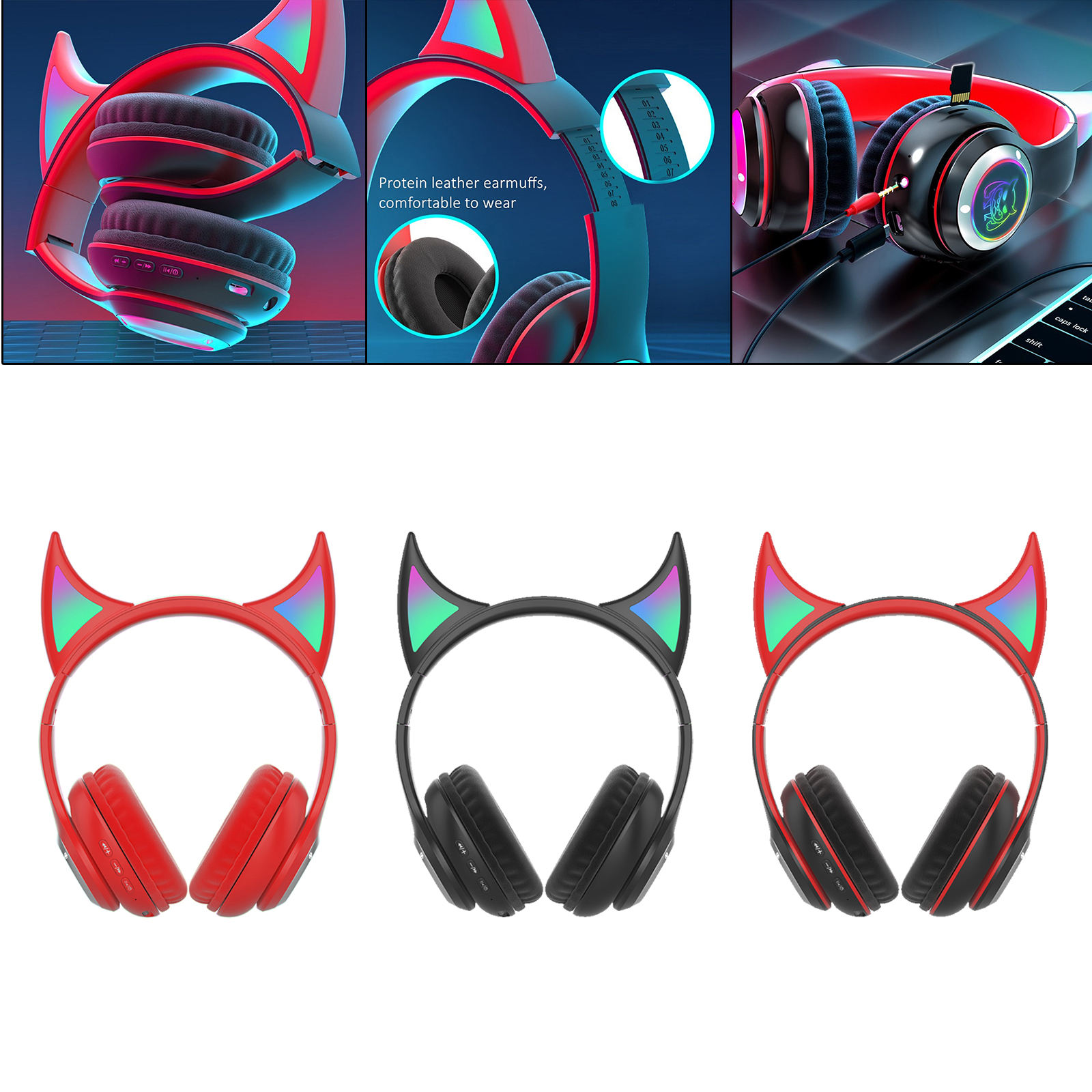 Wireless Headset Cute RGB Light Unique Bluetooth 5.0 Little Devil Gamer Headset for PC Computer Cell Phones Sport Kids Adults
