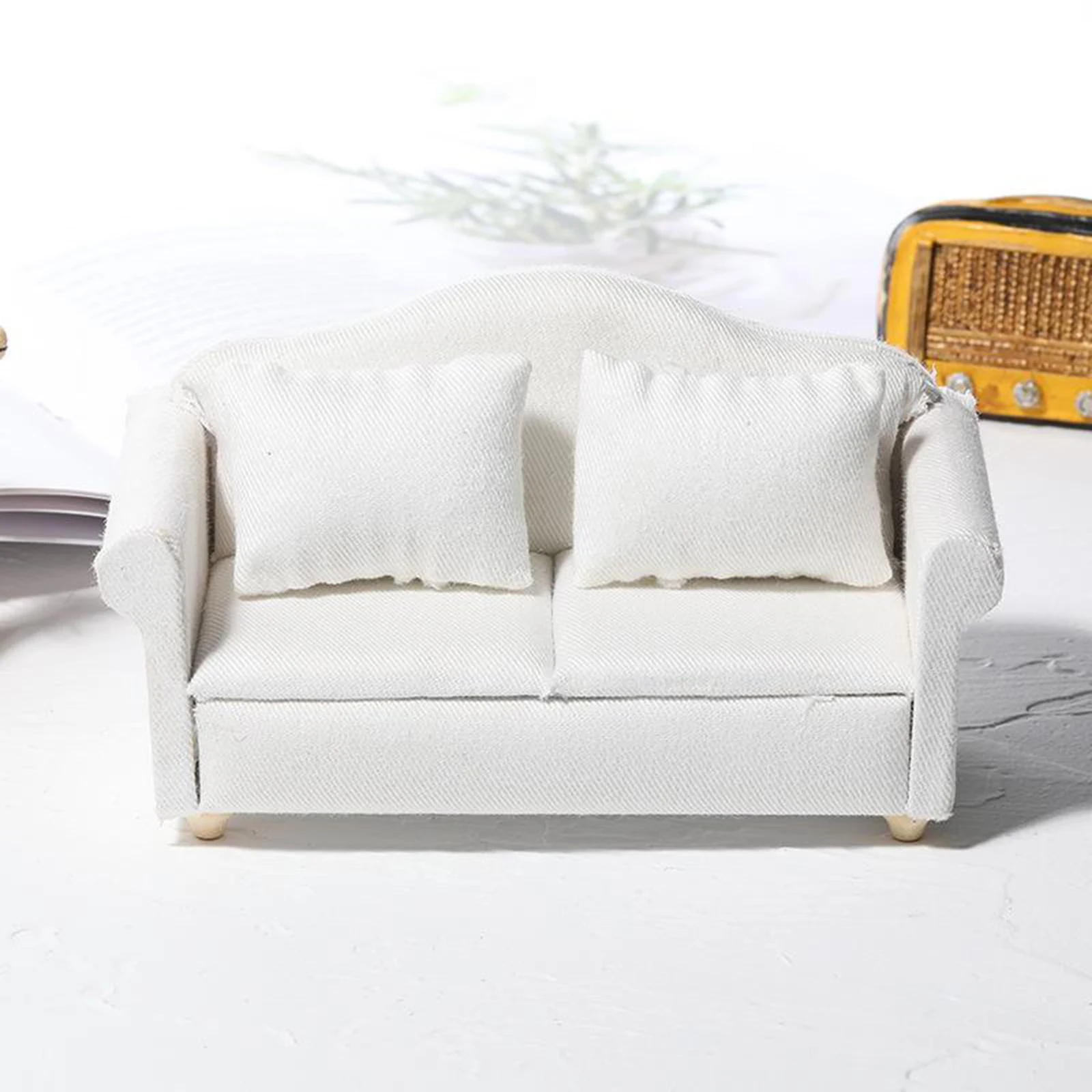 Pure White 1:12 Scale Mini Wooden Sofa Love Seat Dollhouse Miniatures Furniture Model w/ Cushion Living Room Decoration