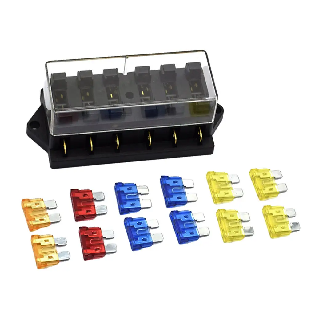 Car 6-Way Blades Circuit Fuse Box Holder 5A/10A/15A/20A Fuses for Yacht RV