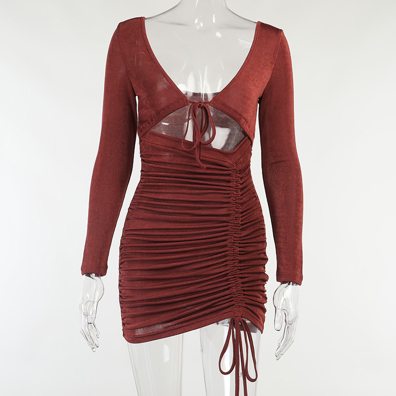Waliicorners V Neck Hollow Out Bodycon Mini Dress SClub Elegant Dresses Long Sleeve Drawstring Dress 14 H8a4c467682eb47c1906b2887c0d71687a