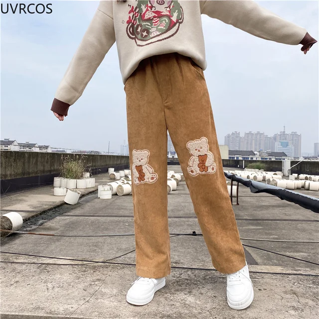 Corduroy Pants Women Spring 2021 Kawaii Pants High Waist Trousers Teen  Girls Embroidered Cute Cartoon Wide Leg Pants -  Finland