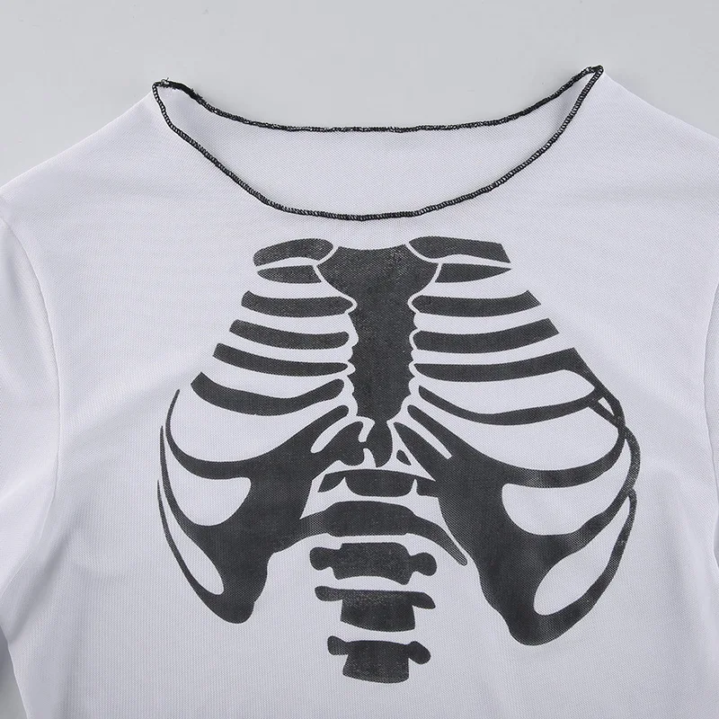 Gothic Skull Print Mesh Crop Top Sexy See Though Long Sleeve Tees E-girl Vintage Harajuku Women Autumn Spring T-shirt Clothes