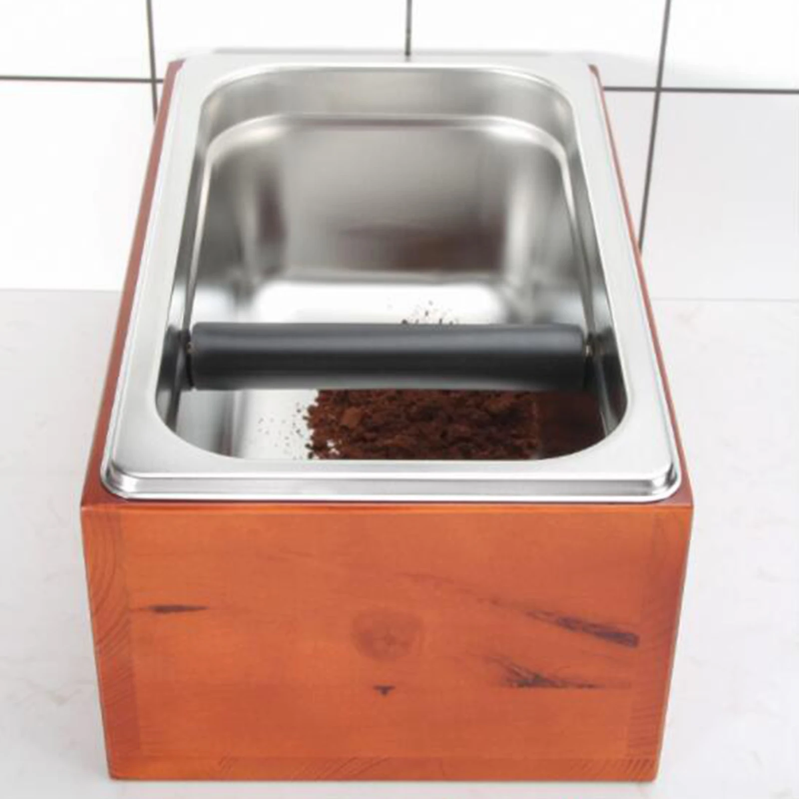 Coffee Knock Box Stainless Steel Non-Slip Solid Wood Base Compact Durable Coffee Ground Knock Container for Home