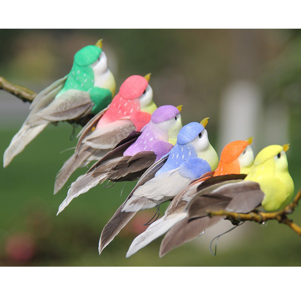 Pack of 12 Artificial Feathered Birds Garden Outdoor Statues for Bonsai Hanger Lawn Decoration