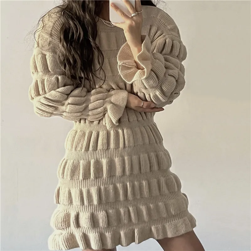 H8a5f711de51648668bbcd5a8e3358a72p - Winter Korean O-Neck Long Flare Sleeves Ruched A-Line Knitted Mini Dress