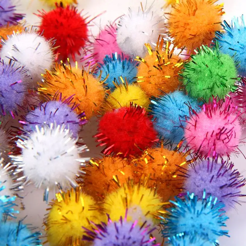 Lots of 100 Mini Sparkly Glitter Tinsel Pompom Balls Small Pom Ball Pet Cat Toys 