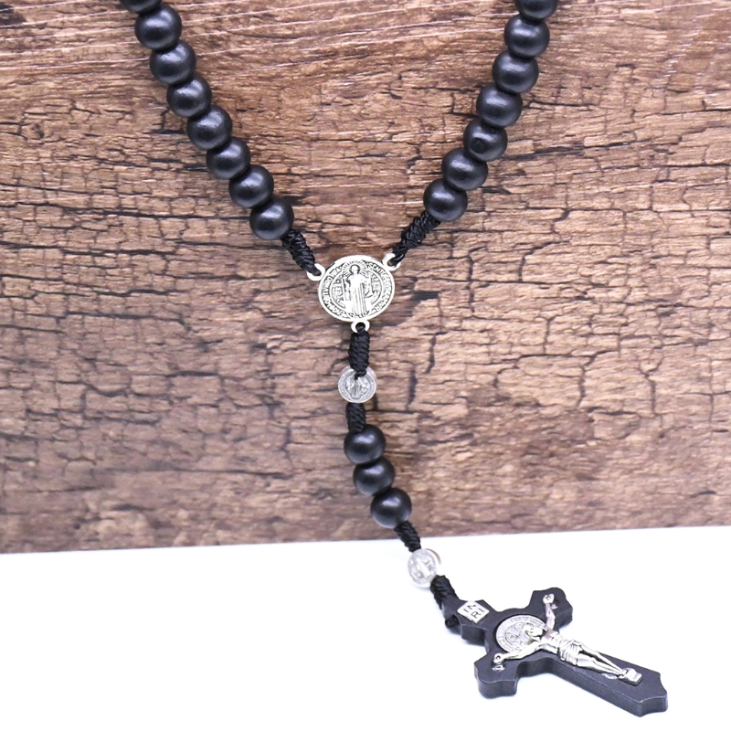 Black Wooden Cross Religious Necklace 