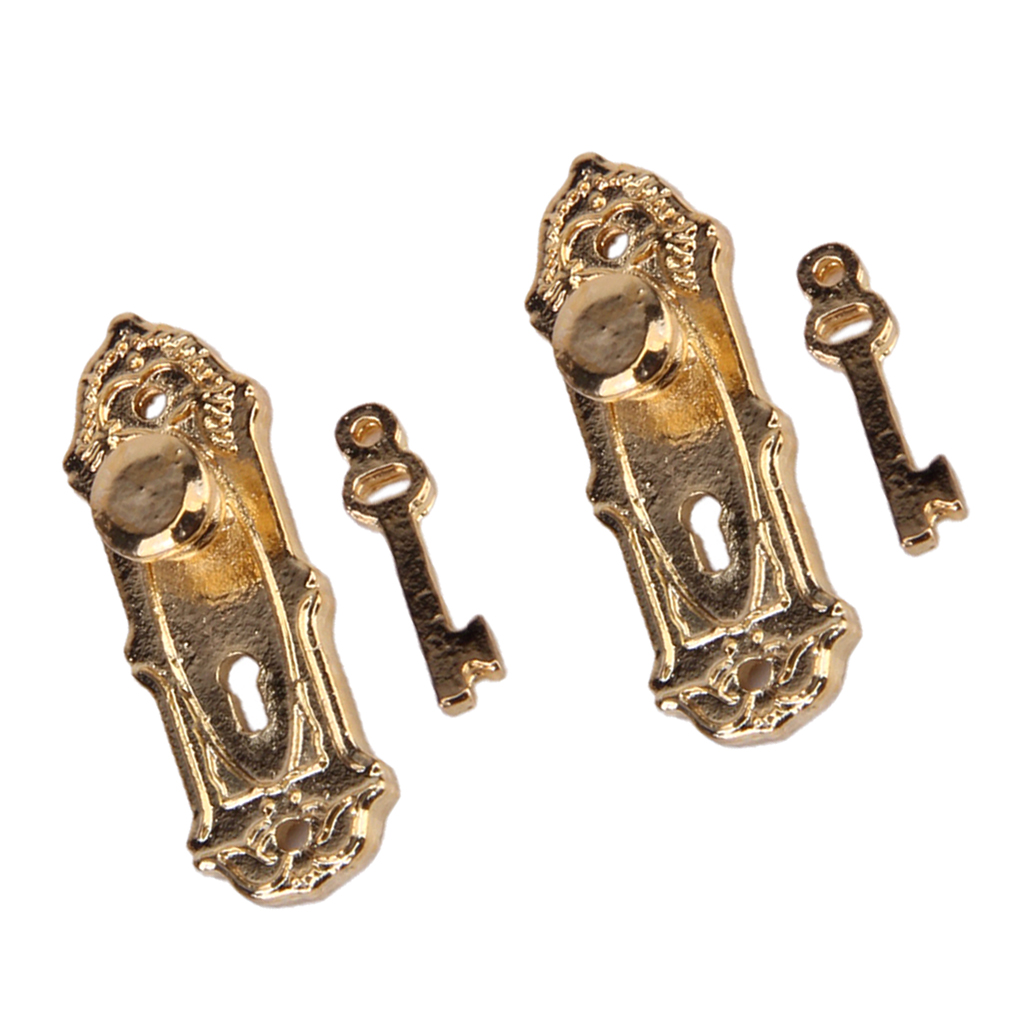 Dollhouse Miniature 1/12 Gold Metal House Hardware Door Lock And Key 2 Sets